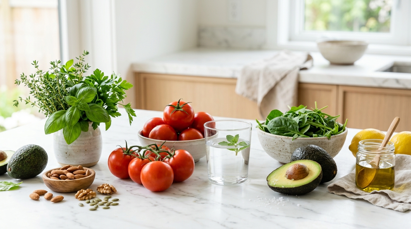 Ingredientes naturais ricos em antioxidantes: tomates frescos, água e alimentação funcional